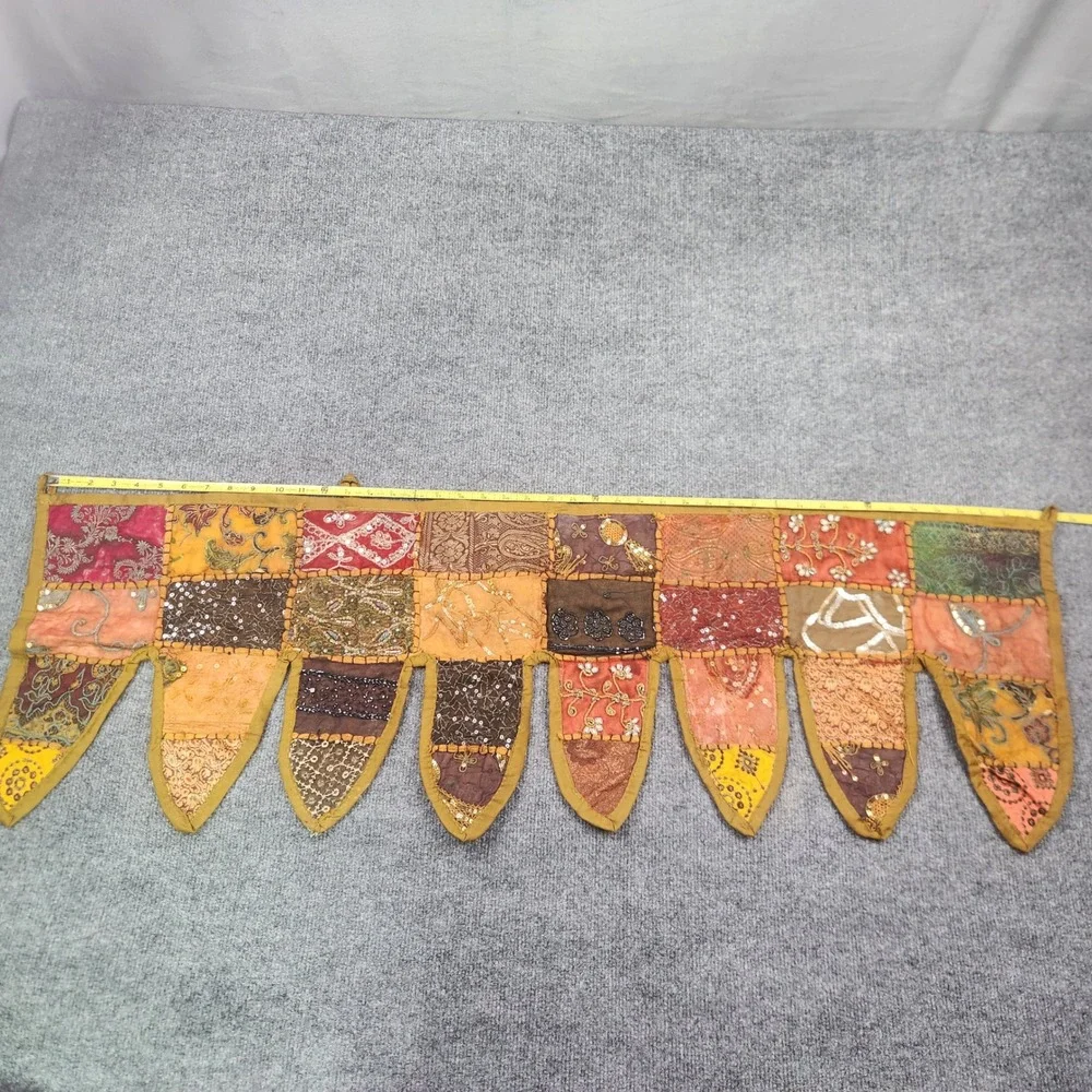 Vintage Indian Sari Patchwork Valance Embroidered Sequin Toran Gold 43x13.5